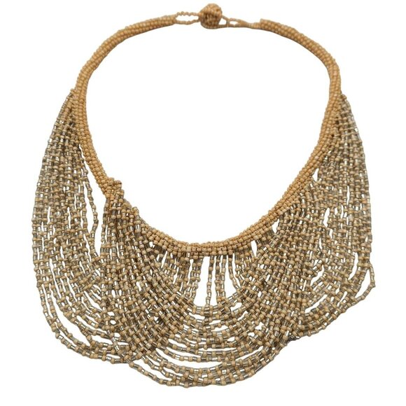 Handcrafted Layered Beaded Necklace In Beige Metallic Beads With Loop Closure - Picture 1 of 6
